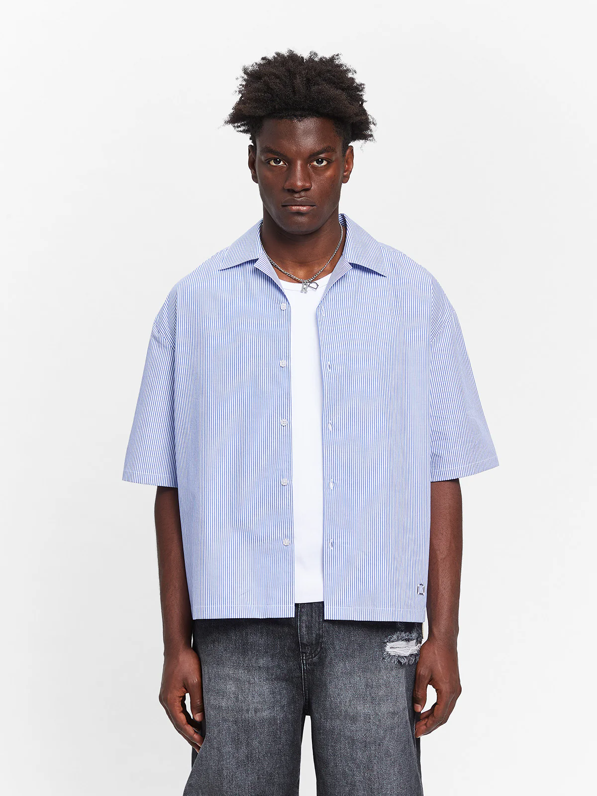 CONSTRUCTION BUTTON SHIRT - BLUE/WHITE - Image 2