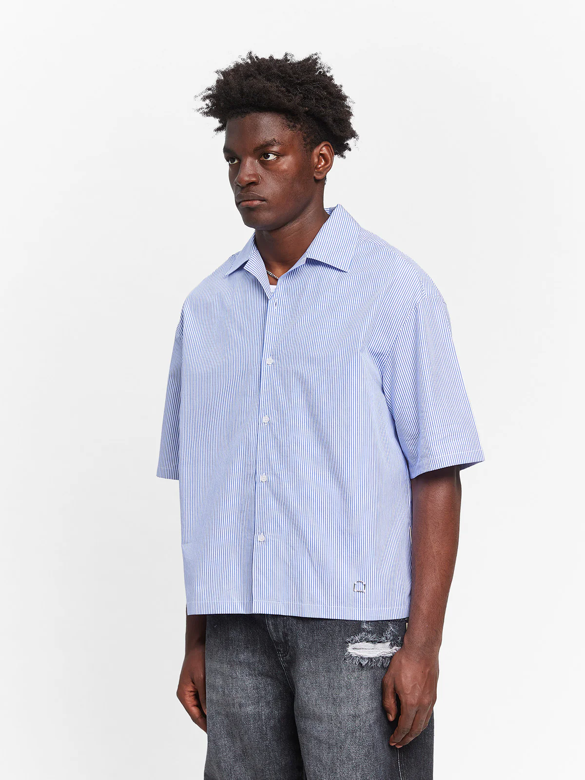 CONSTRUCTION BUTTON SHIRT - BLUE/WHITE - Image 3