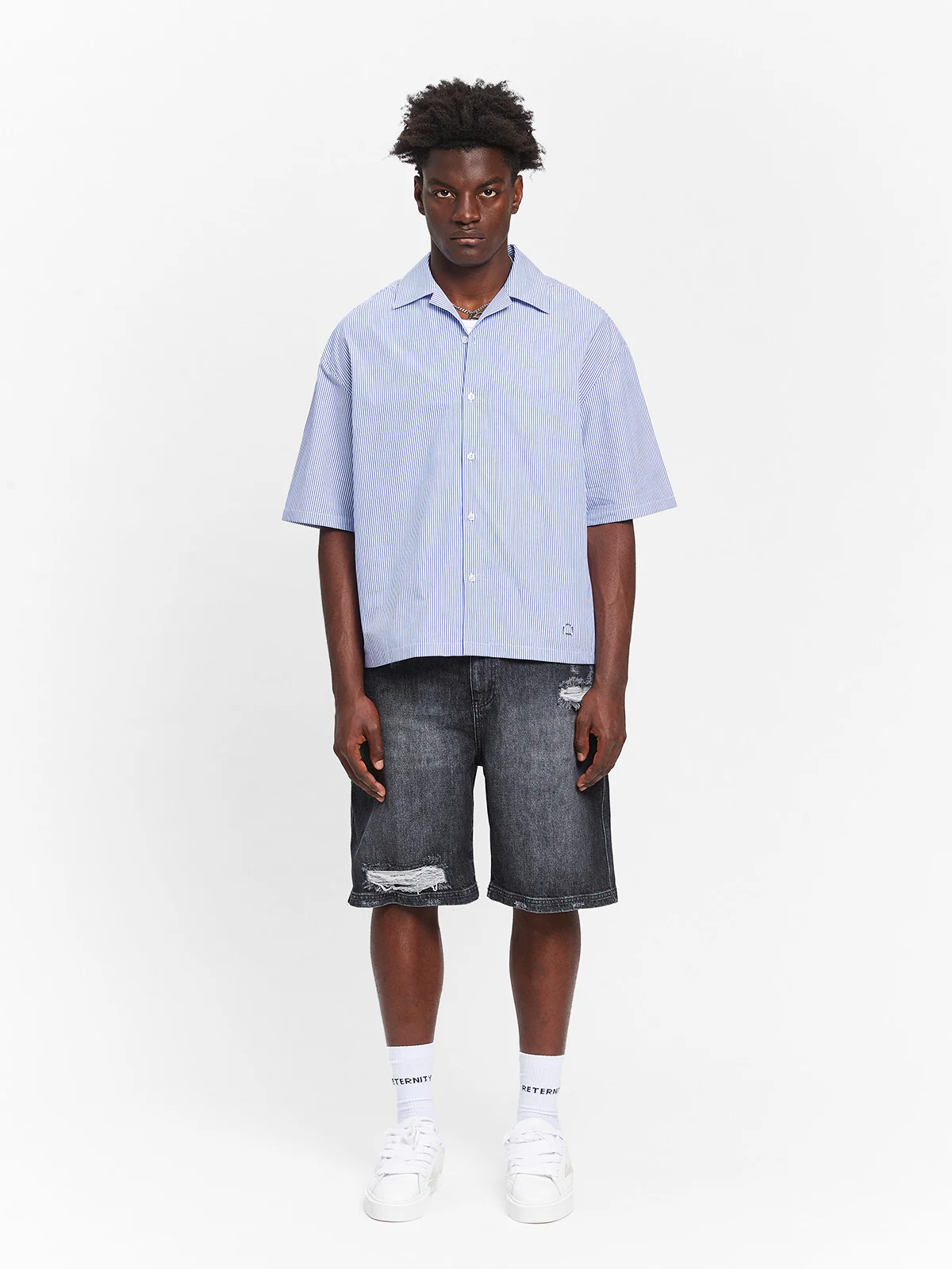 CONSTRUCTION BUTTON SHIRT - BLUE/WHITE - Image 6