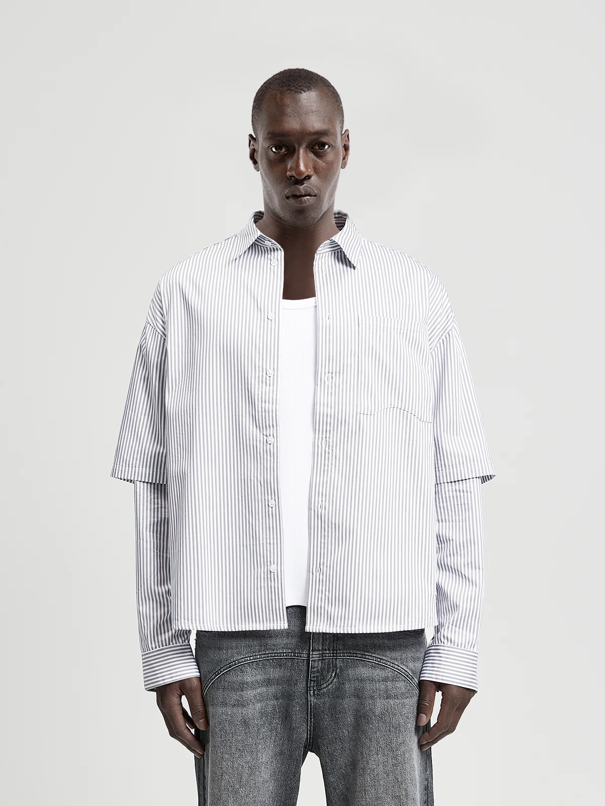 DOUBLE SLEEVE BUTTON SHIRT - WHITE/GREY - Image 2