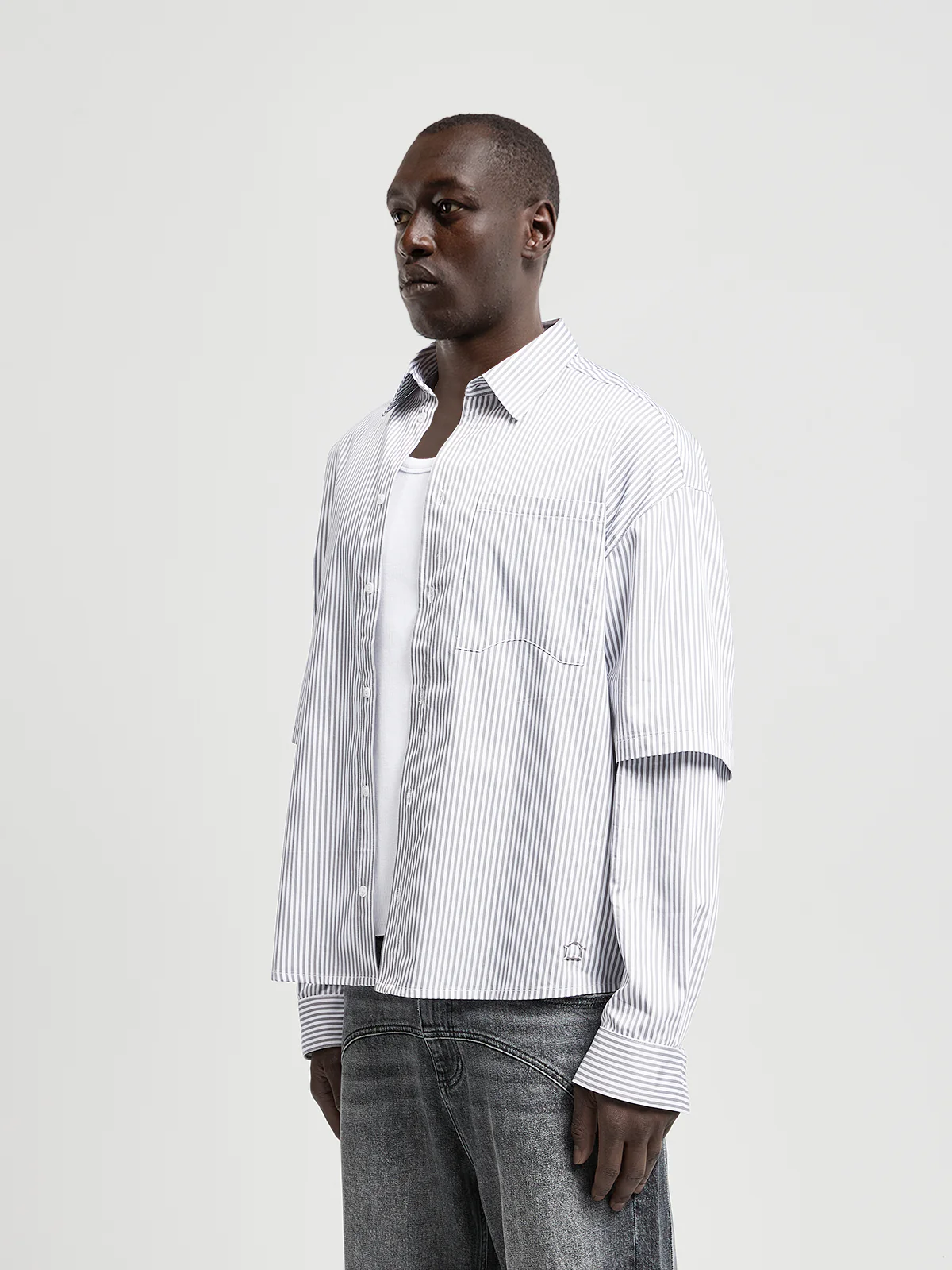 DOUBLE SLEEVE BUTTON SHIRT - WHITE/GREY - Image 3