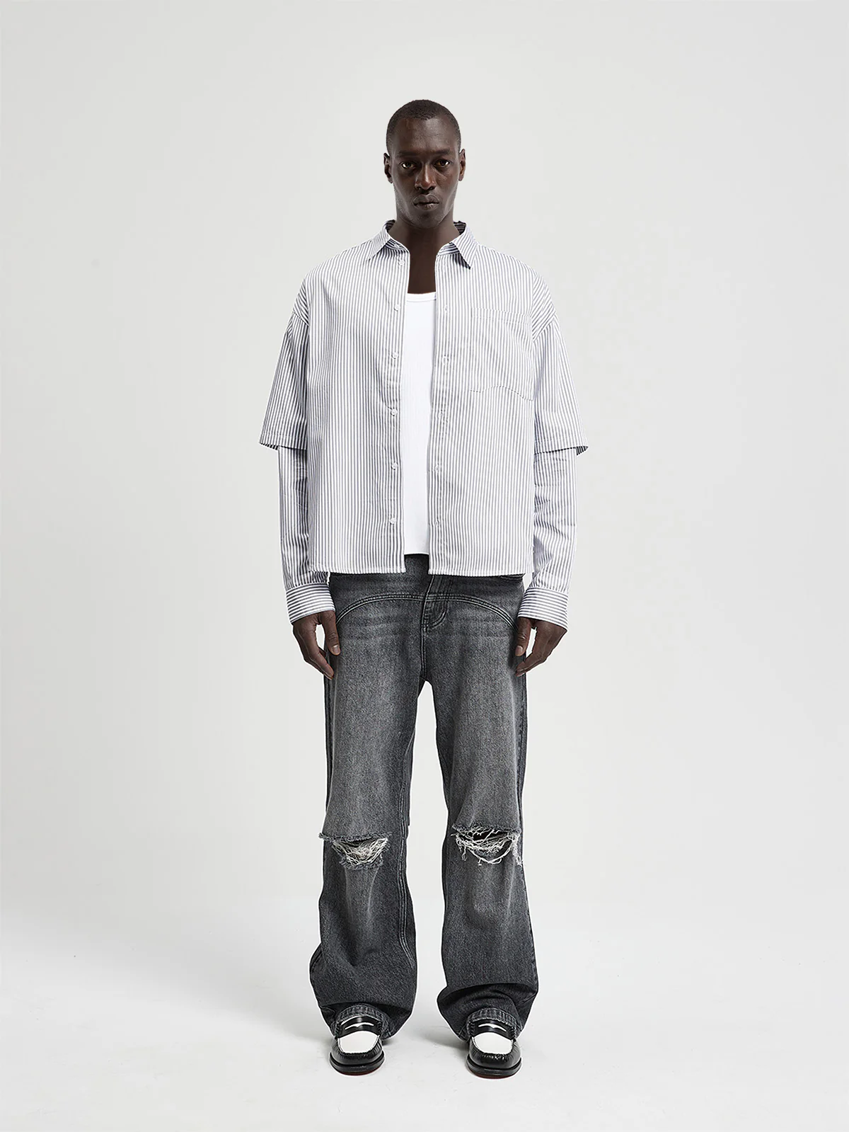 DOUBLE SLEEVE BUTTON SHIRT - WHITE/GREY - Image 6