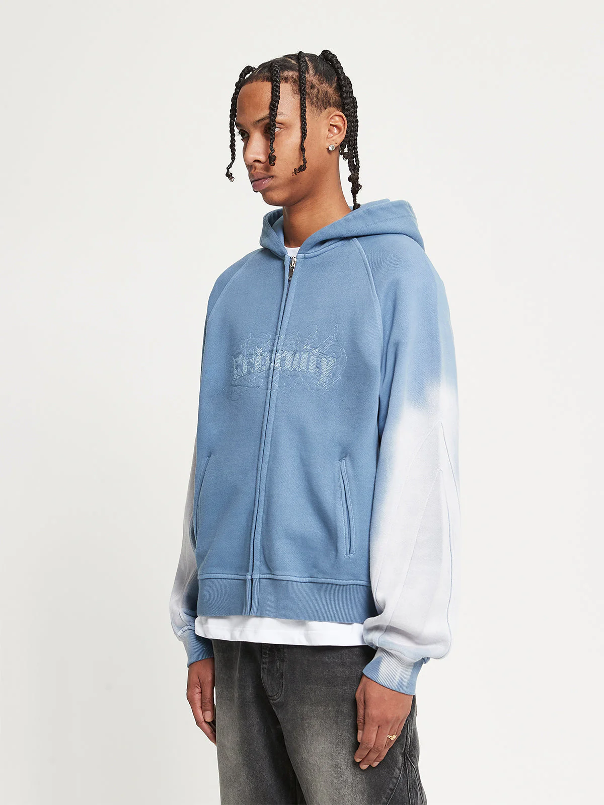 EMBROIDERED ZIP-HOODIE - FADED BLUE-GREY - Image 3