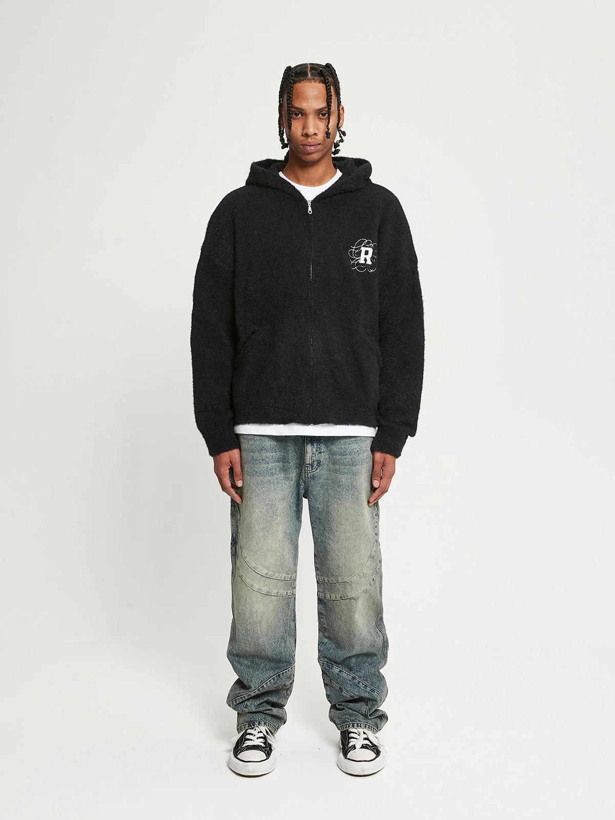 FURRY KNIT ZIP-JACKET - BLACK - Image 6