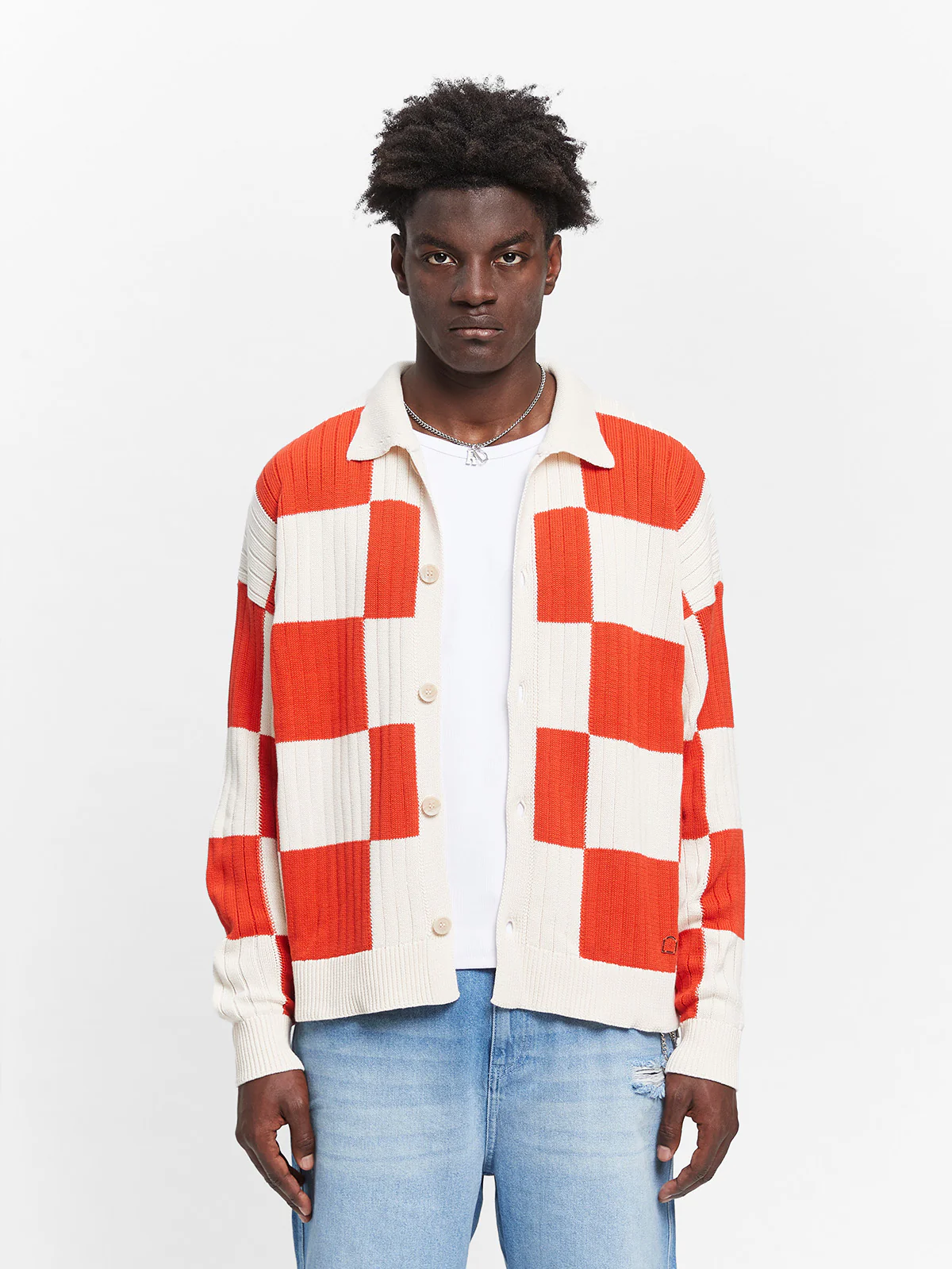 KNIT BUTTON JACKET - CREAM/RED - Image 2
