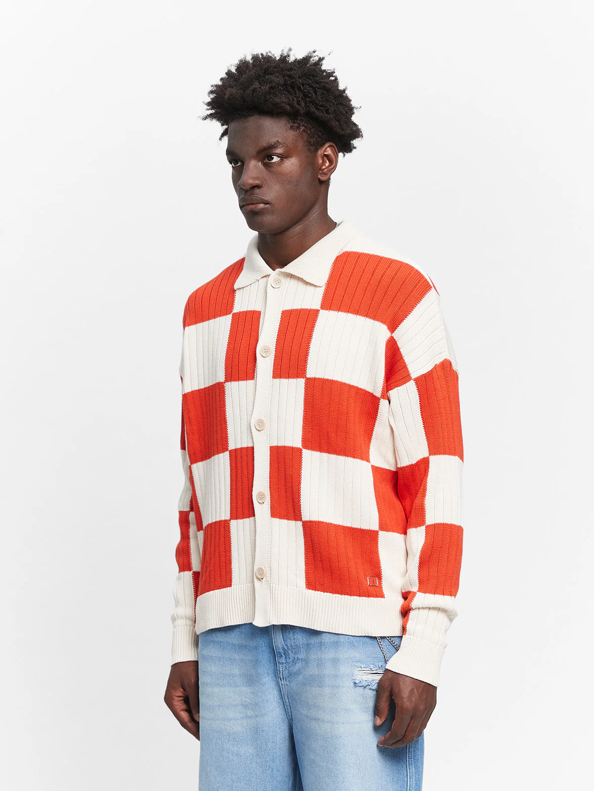 KNIT BUTTON JACKET - CREAM/RED - Image 3