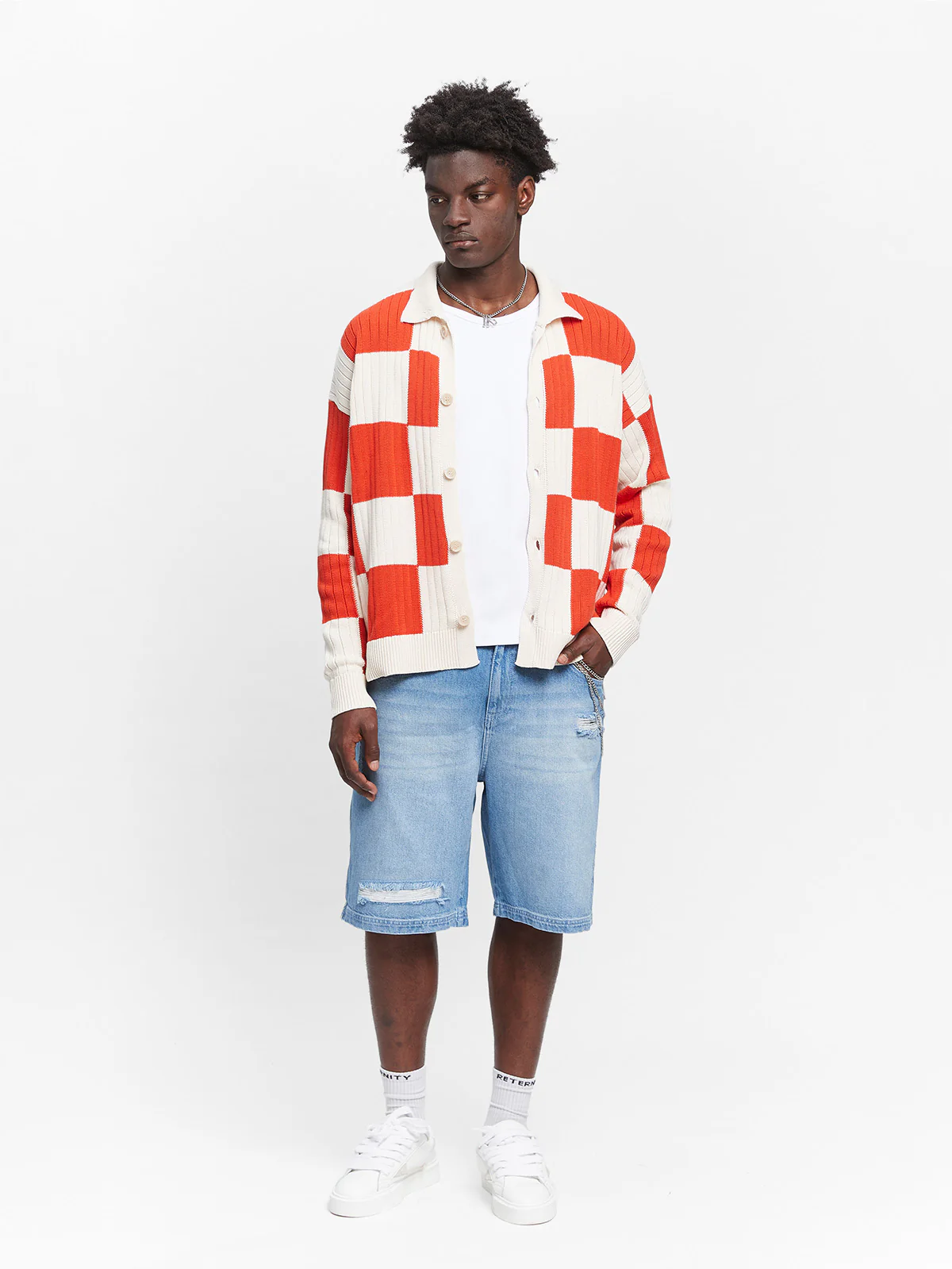 KNIT BUTTON JACKET - CREAM/RED - Image 6