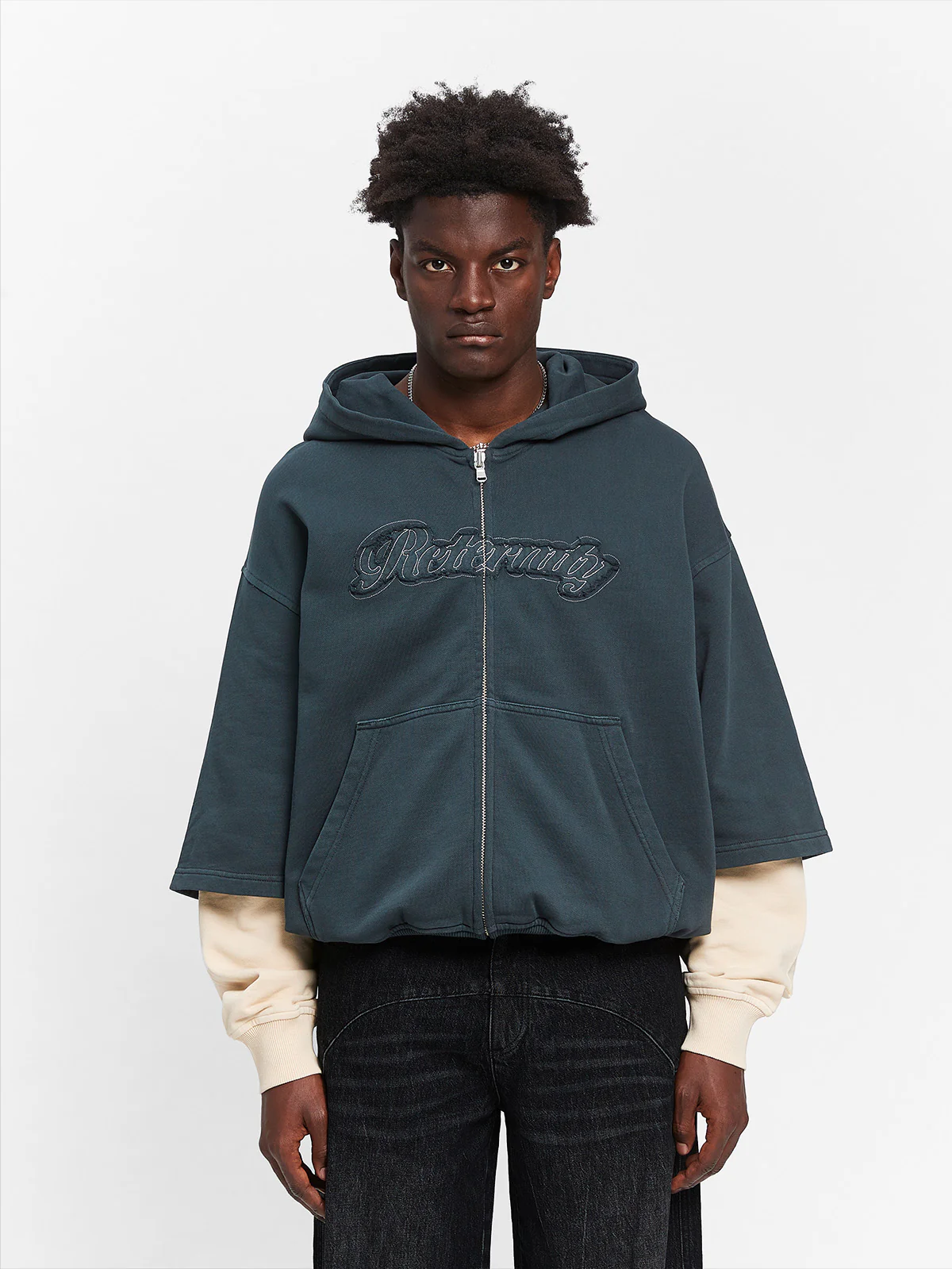 LAYERED ZIP-HOODIE - WASHED GREY/CREAM - Image 2