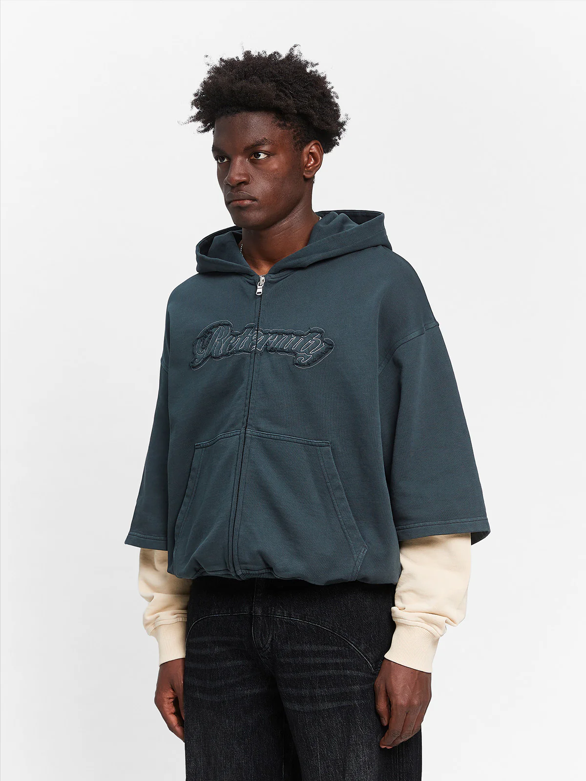 LAYERED ZIP-HOODIE - WASHED GREY/CREAM - Image 3