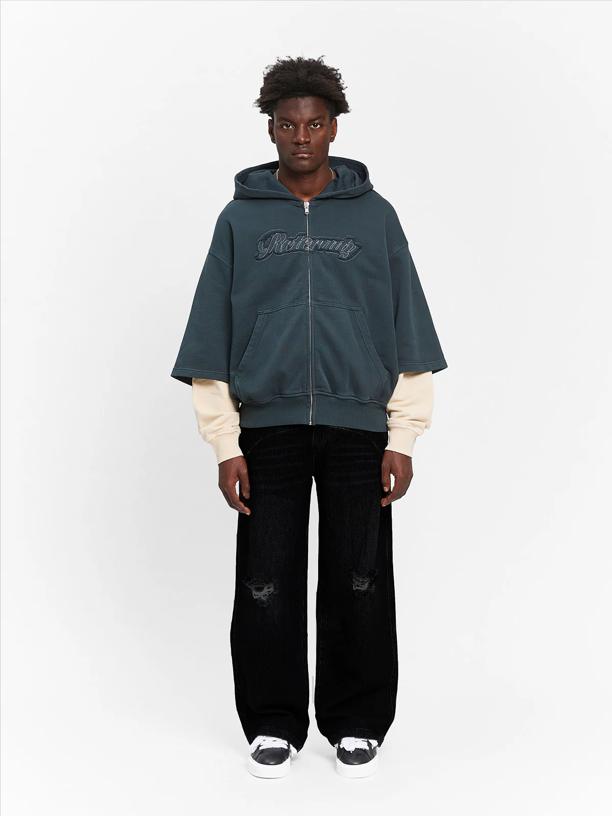 LAYERED ZIP-HOODIE - WASHED GREY/CREAM - Image 6