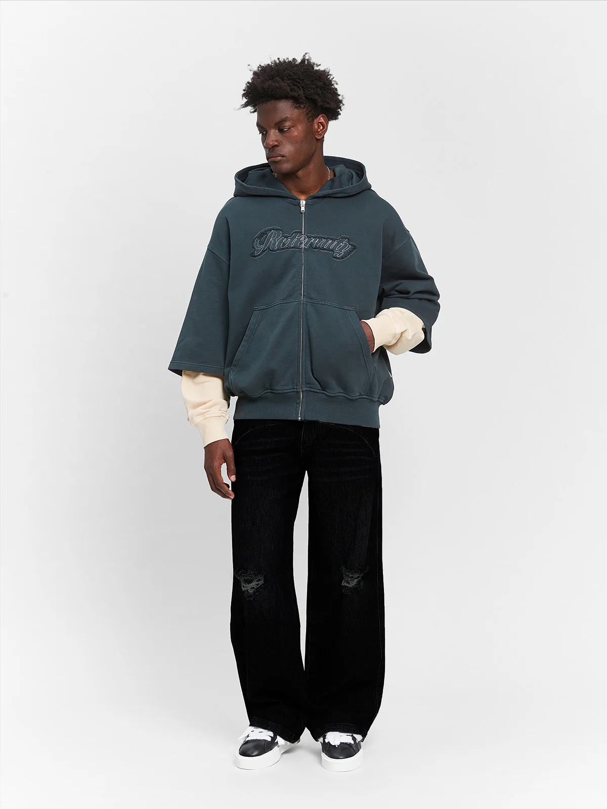 LAYERED ZIP-HOODIE - WASHED GREY/CREAM - Image 9