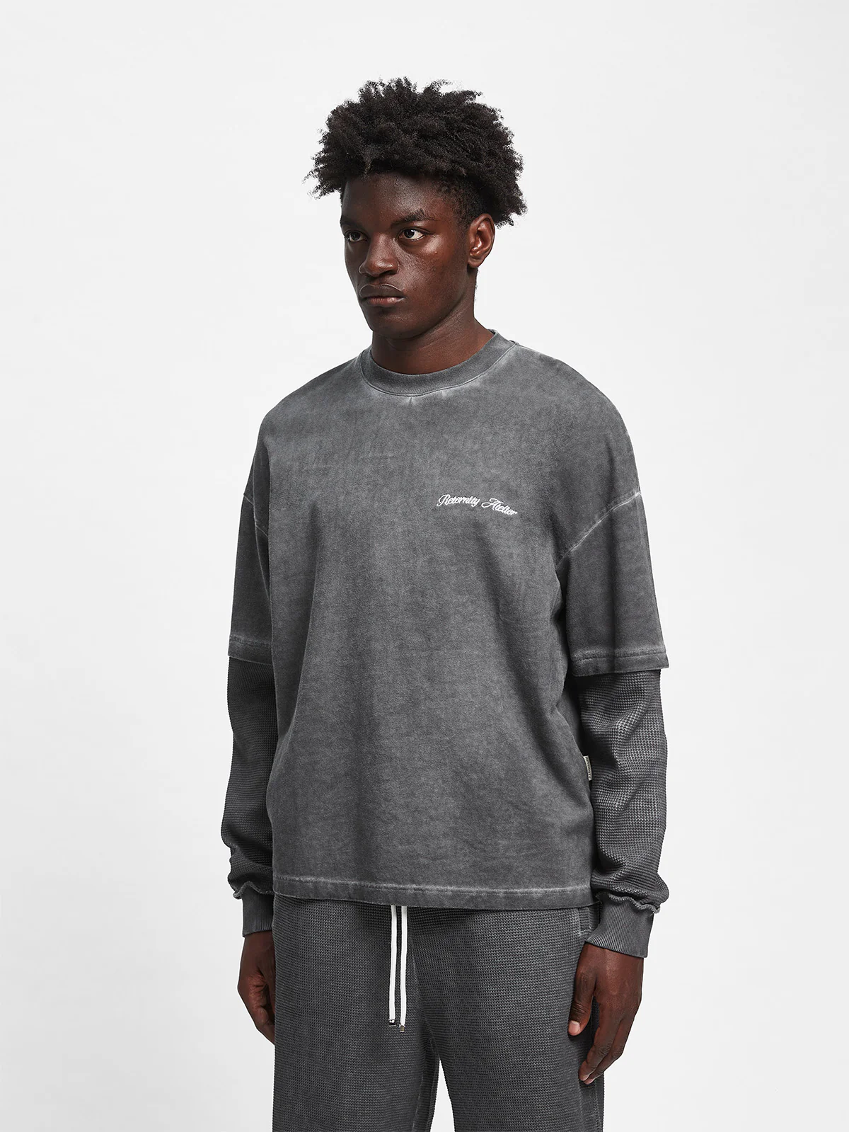 OIL WASHED WAFFLE LONGSLEEVE - VINTAGE GREY - Image 3