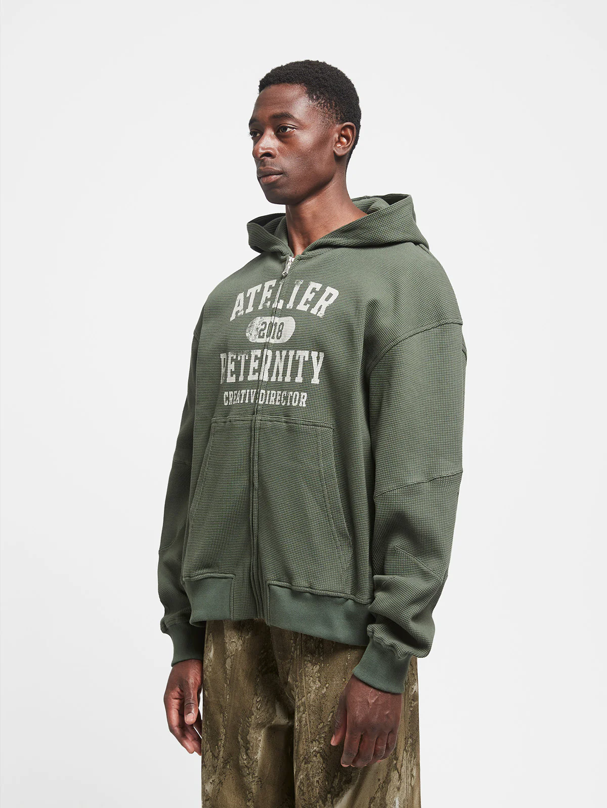 WAFFLE ZIP HOODIE - GREEN - Image 3